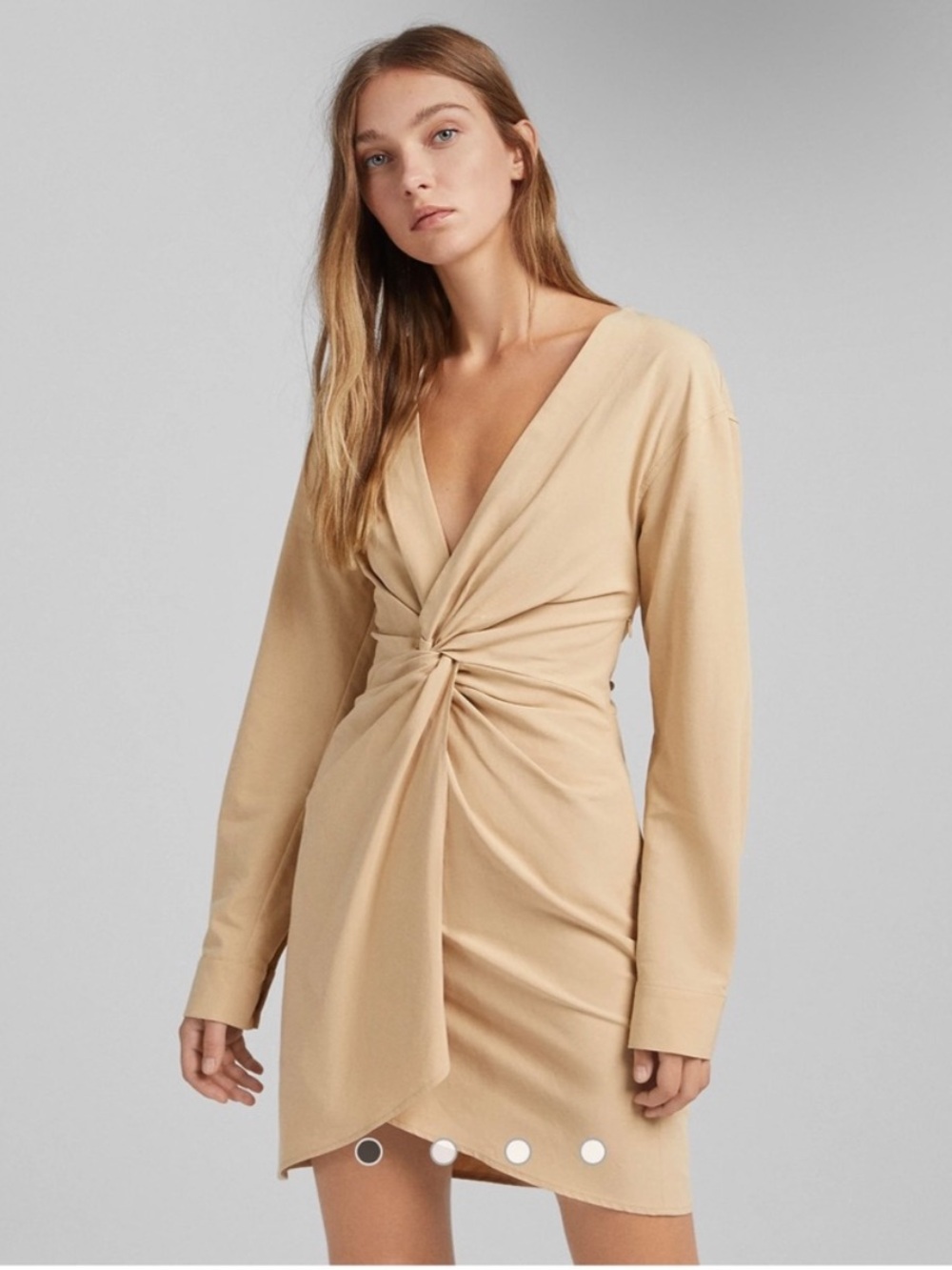 Bershka Twist-Front Long Sleeve Mini Dress in Beige